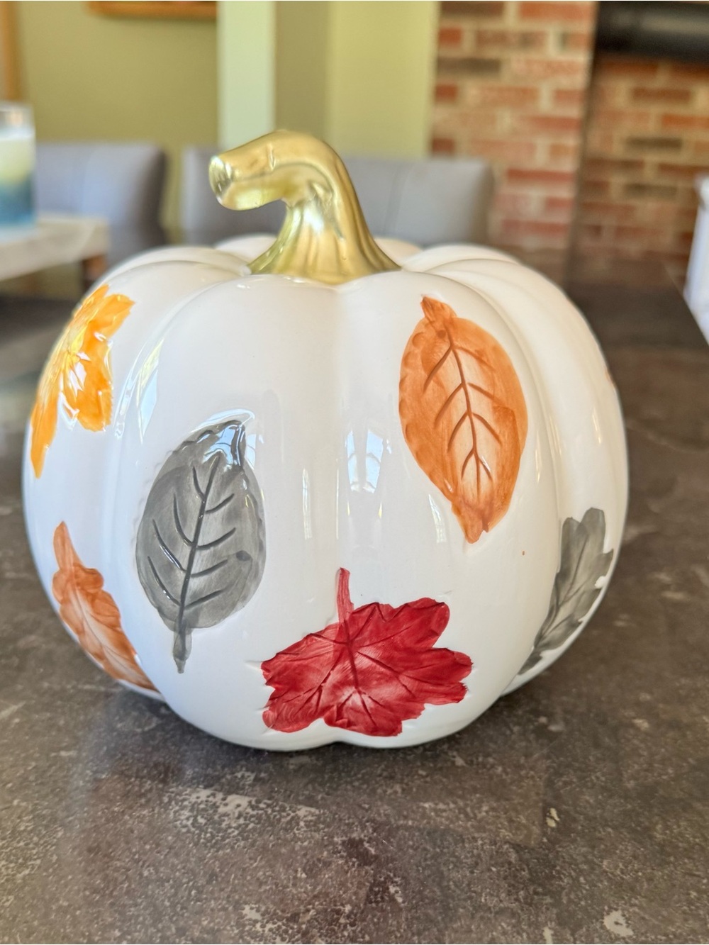 White Ceramic Pumpkin with Autumn Leaf Motif - Picture 4 of 6